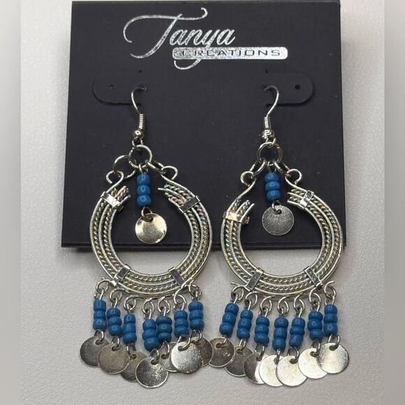 Bohemian Silver and Blue Dangle Hoop Earrings with Fringe 3 inch - Picture 5 of 6